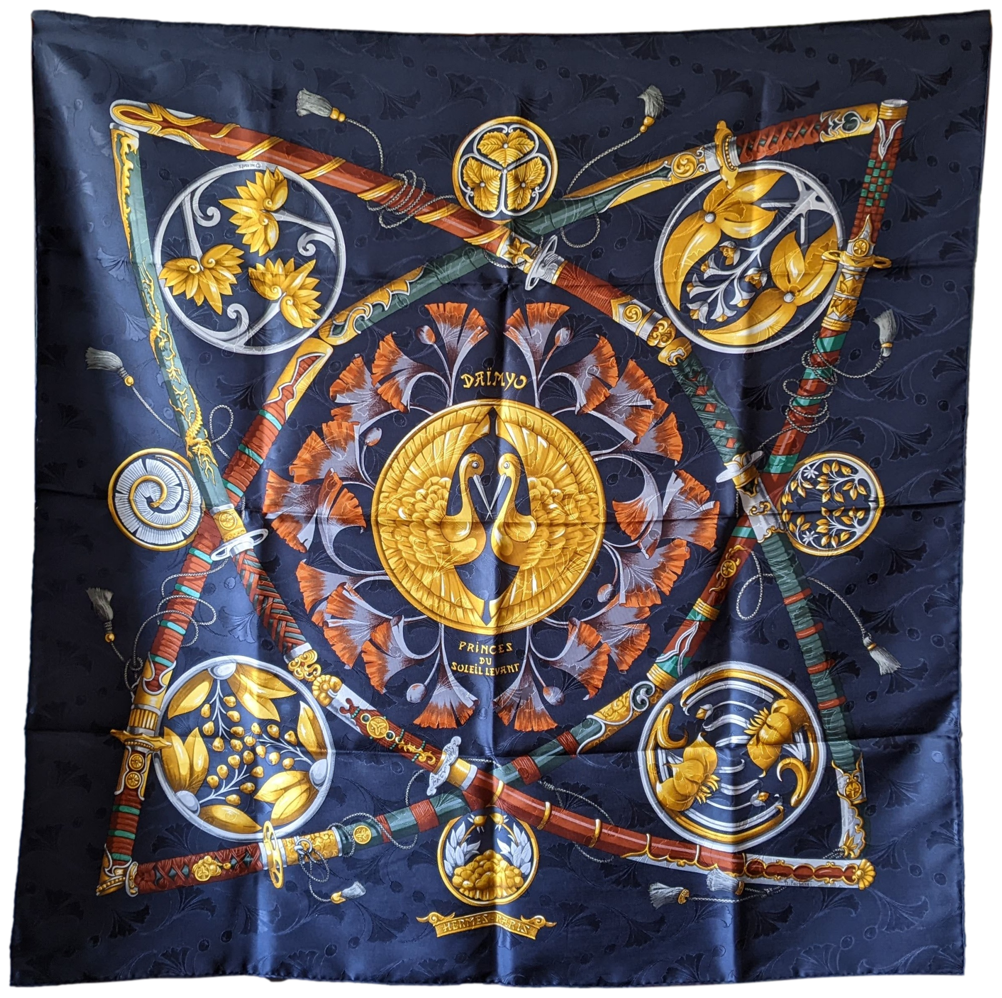HERMES 1990s DAIMYO PRINCES DU SOLEIL LEVANT Twill Silk Scarf 90