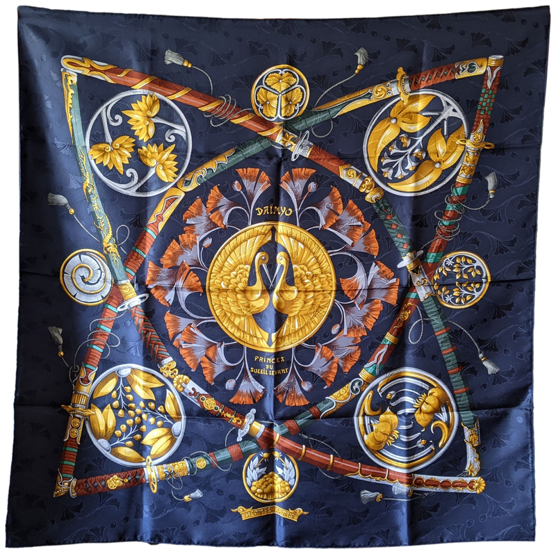 HERMES 1990s DAIMYO PRINCES DU SOLEIL LEVANT Twill Silk Scarf 90