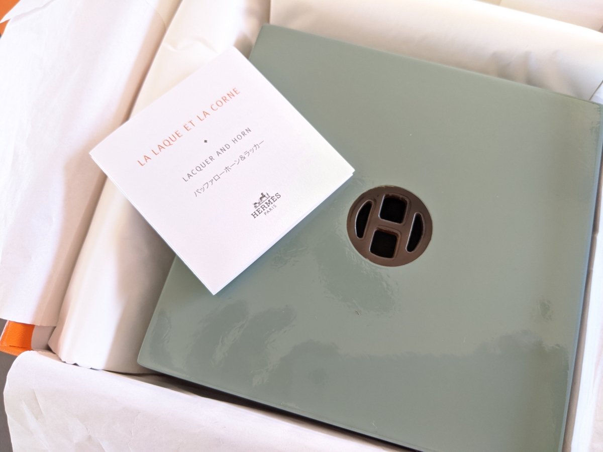 Hermes Dark Eucalyptus Celadon Lacquer & Horn BOX WITH COVER 13 x 13 x 5 cm, BNIB! - poupishop
