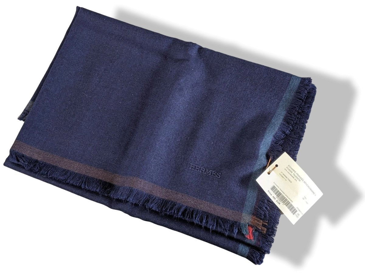 Hermes Dark Navy Fringed Cashmere Etole Muffler from the Men Collection 60 x 200 cm, BNWT! - poupishop