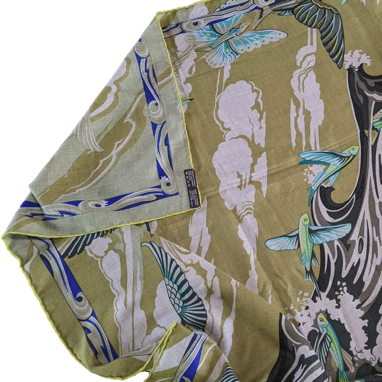 Hermes 2014 Kaki/Vert/Fuchsia "De la Mer au Ciel" by Toutsy Cashmere Shawl 140