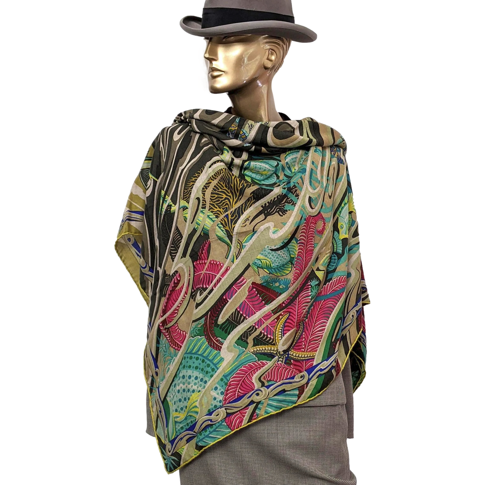 Hermes 2014 Kaki/Vert/Fuchsia "De la Mer au Ciel" by Toutsy Cashmere Shawl 140