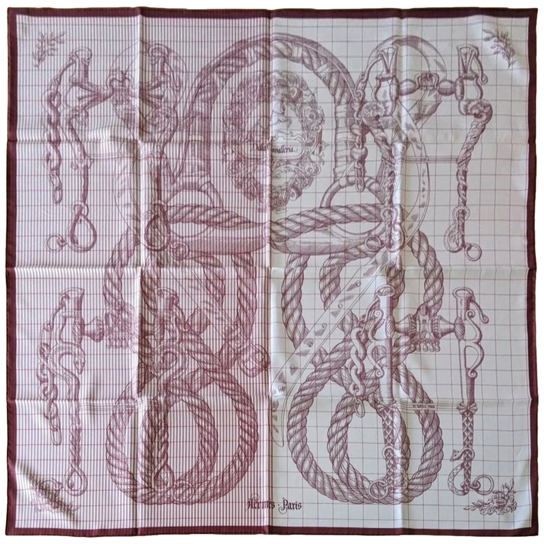 Hermes [C33] 2019 Burgundy White DELLA CAVALLERIA FINESSE by Virginie Jamin Twill 90cm