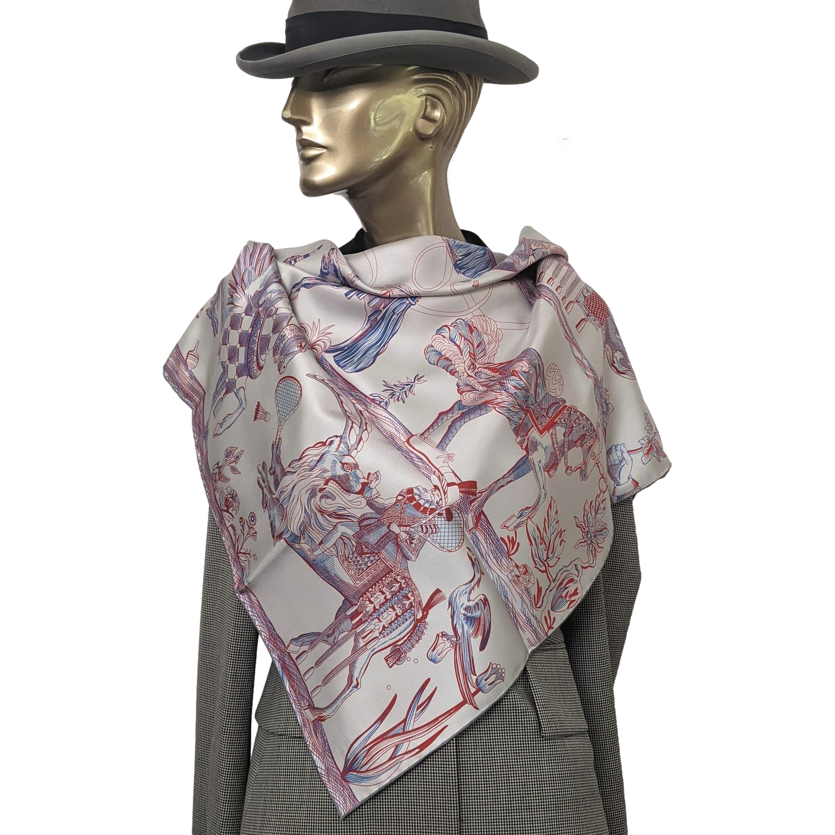 Hermes [207] Gris Clair/Bleu Moyen "Della Cavalleria Favolosa" by Virginie Jamin Double Face Carre Twill 90 cm