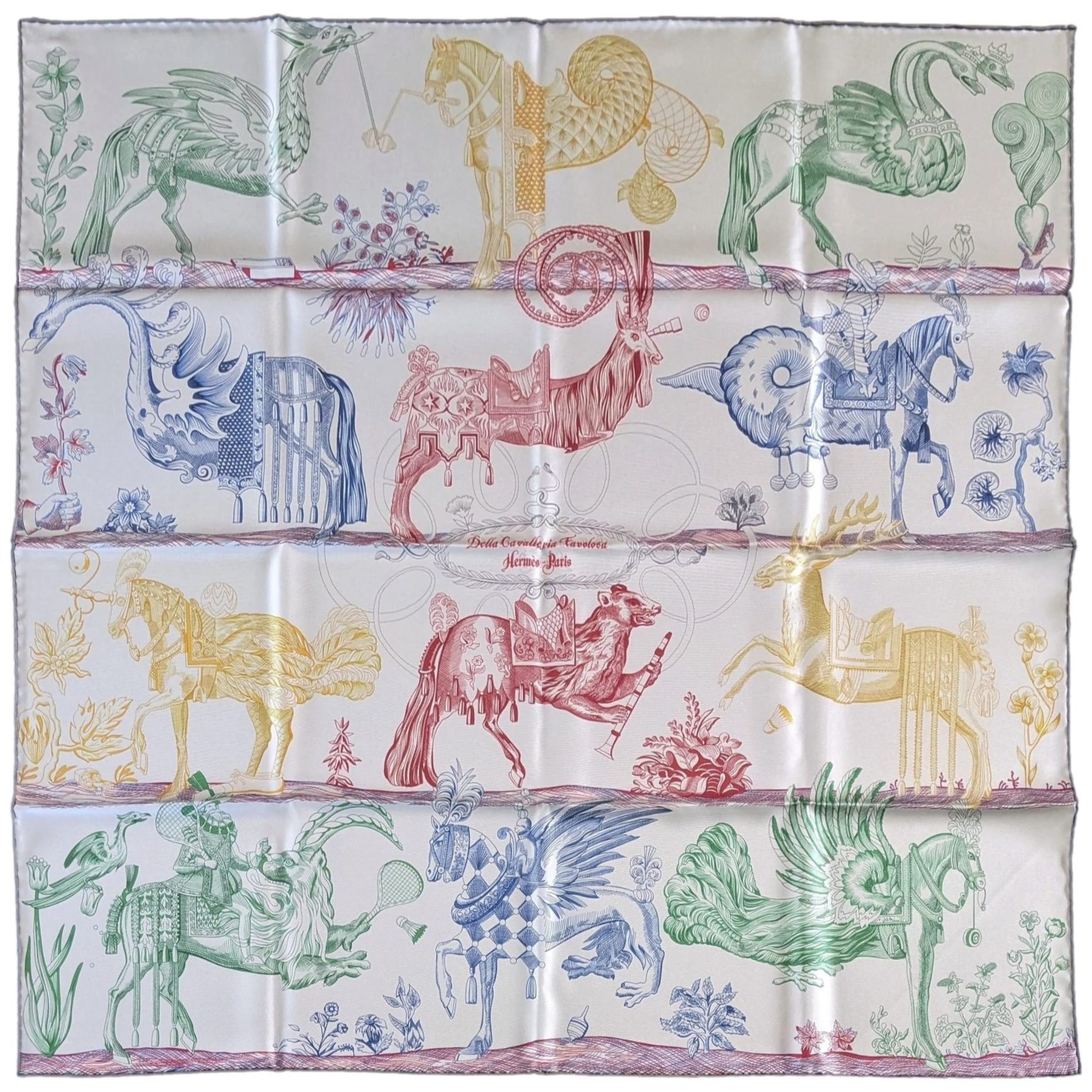 Hermes [207] Gris Clair/Bleu Moyen "Della Cavalleria Favolosa" by Virginie Jamin Double Face Carre Twill 90 cm