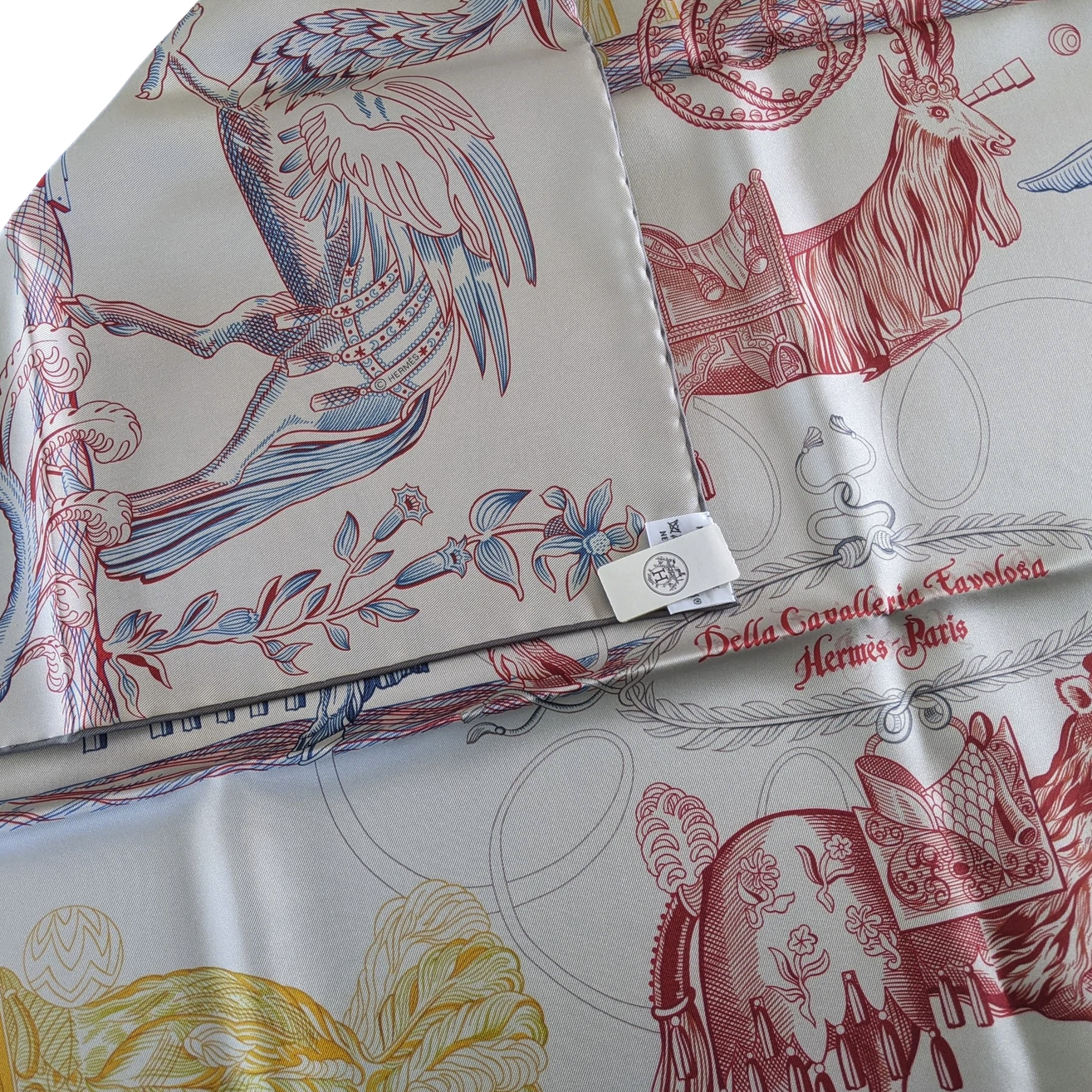 Hermes [207] Gris Clair/Bleu Moyen "Della Cavalleria Favolosa" by Virginie Jamin Double Face Carre Twill 90 cm