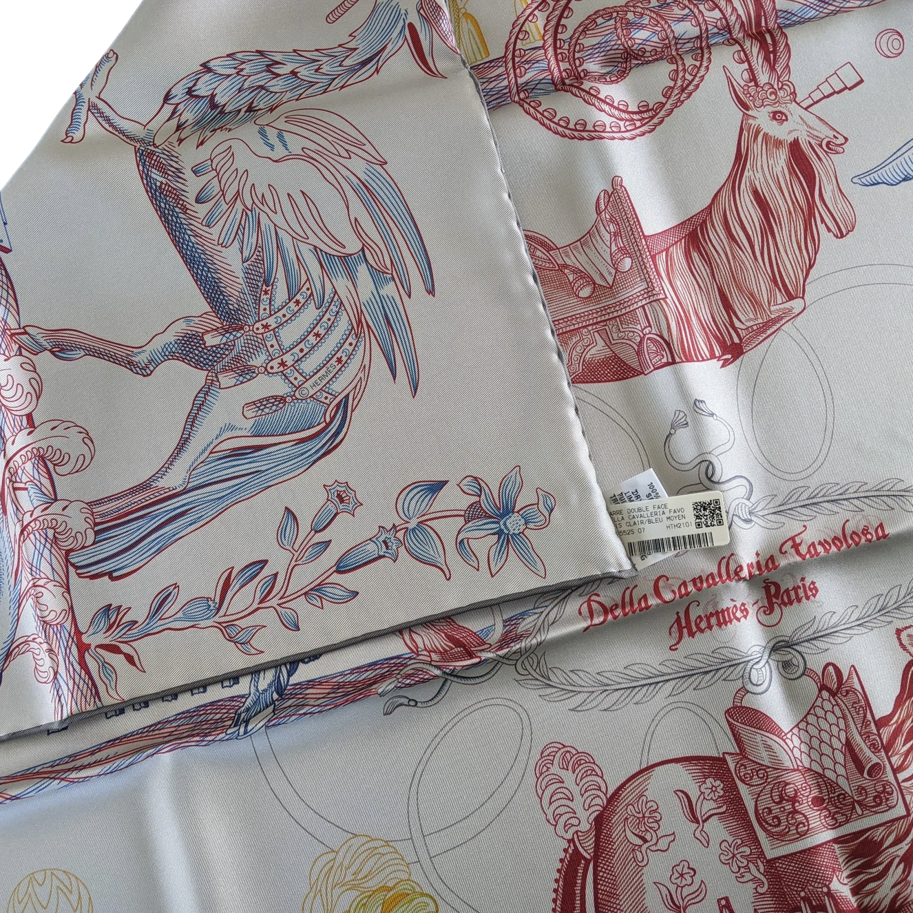 Hermes [207] Gris Clair/Bleu Moyen "Della Cavalleria Favolosa" by Virginie Jamin Double Face Carre Twill 90 cm