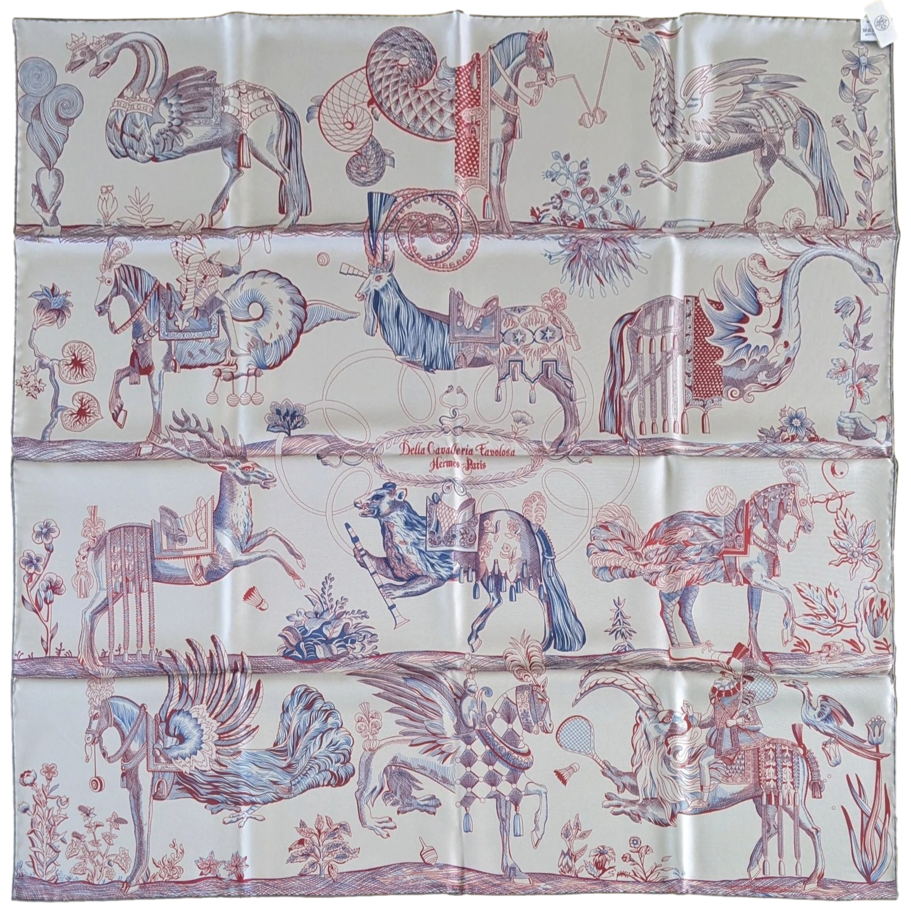 Hermes [207] Gris Clair/Bleu Moyen "Della Cavalleria Favolosa" by Virginie Jamin Double Face Carre Twill 90 cm
