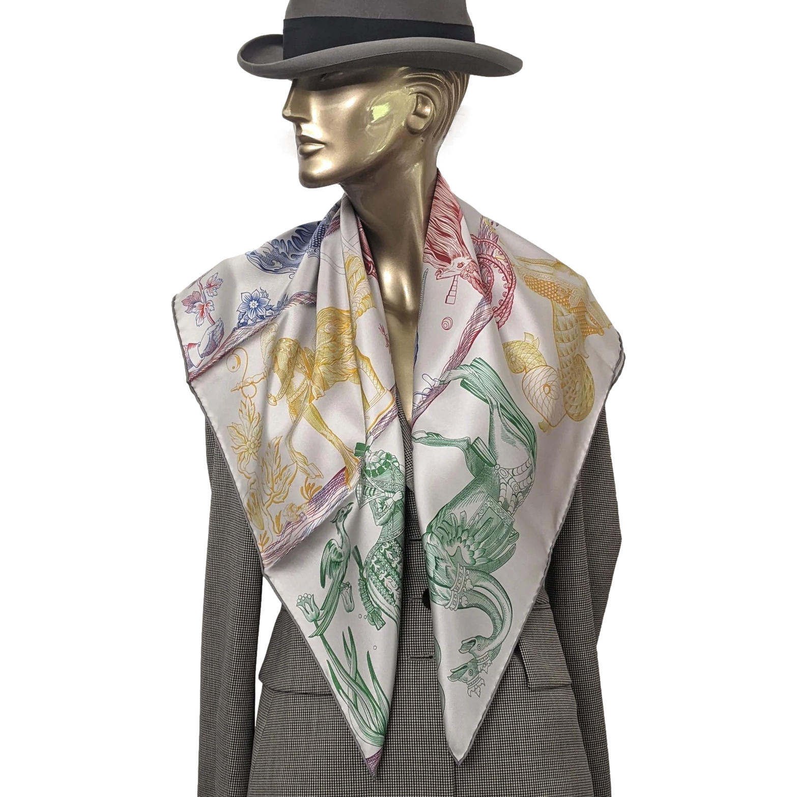 Hermes [207] Gris Clair/Bleu Moyen "Della Cavalleria Favolosa" by Virginie Jamin Double Face Carre Twill 90 cm