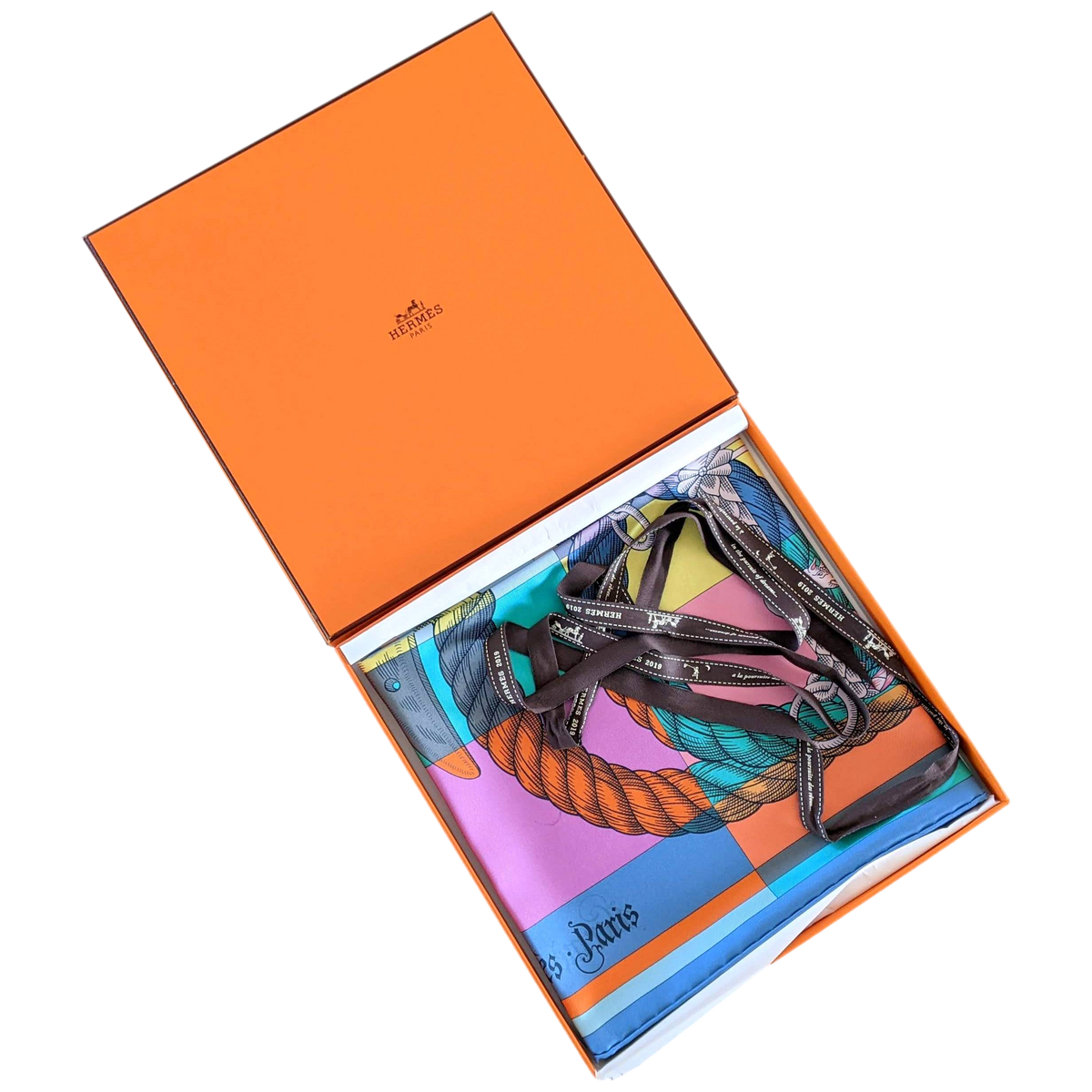 Hermes Vert/Jaune Vif/Mauve "Della Cavalleria Favolosa" by Virginie Jamin Double Face Carre Twill 90 cm
