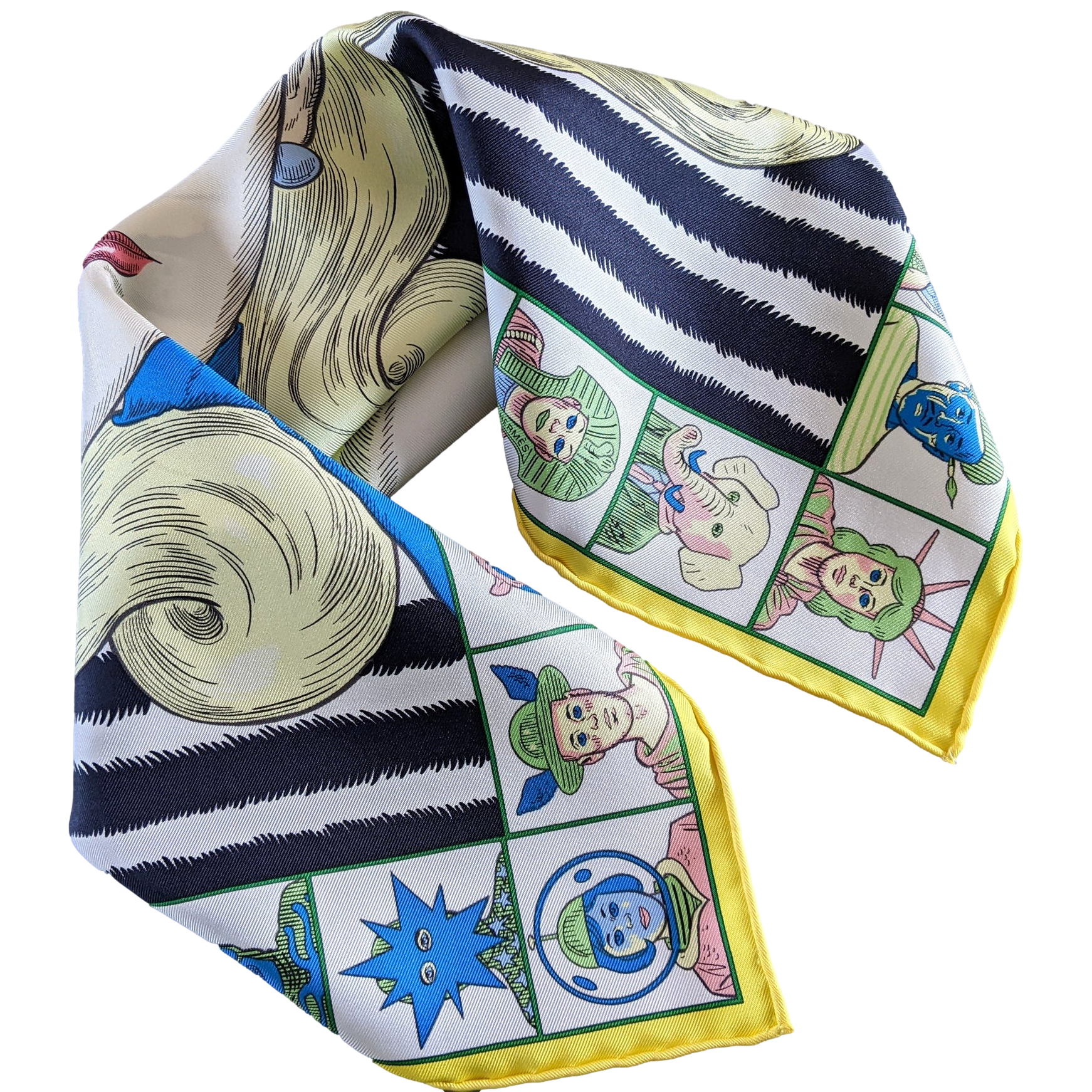 Hermes [G1] Jaune Vif/Vert/Noir "Dress Code" by Daniel Clowes Twill Gavroche Pocket Scarf 45 cm