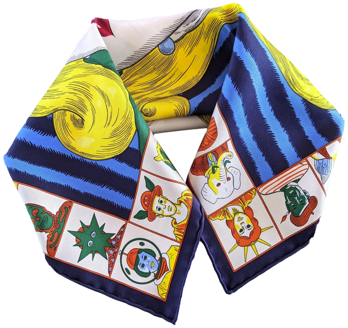 Hermes [G3] Marine/Jaune/Multi "Dress Code" by Daniel Clowes Twill Gavroche Pocket Scarf 45 cm