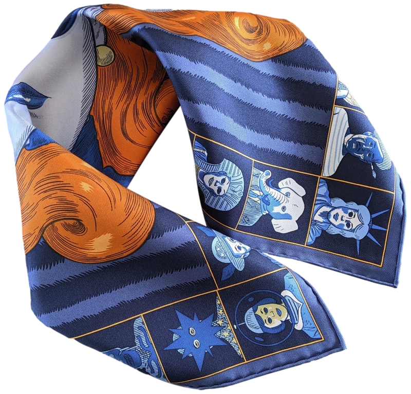 Hermes [G2] Bleu ardoise/Rouille/Ciel "Dress Code" by Daniel Clowes Twill Gavroche Pocket Scarf 45 cm