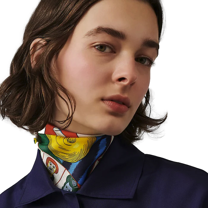 Hermes [G3] Marine/Jaune/Multi "Dress Code" by Daniel Clowes Twill Gavroche Pocket Scarf 45 cm