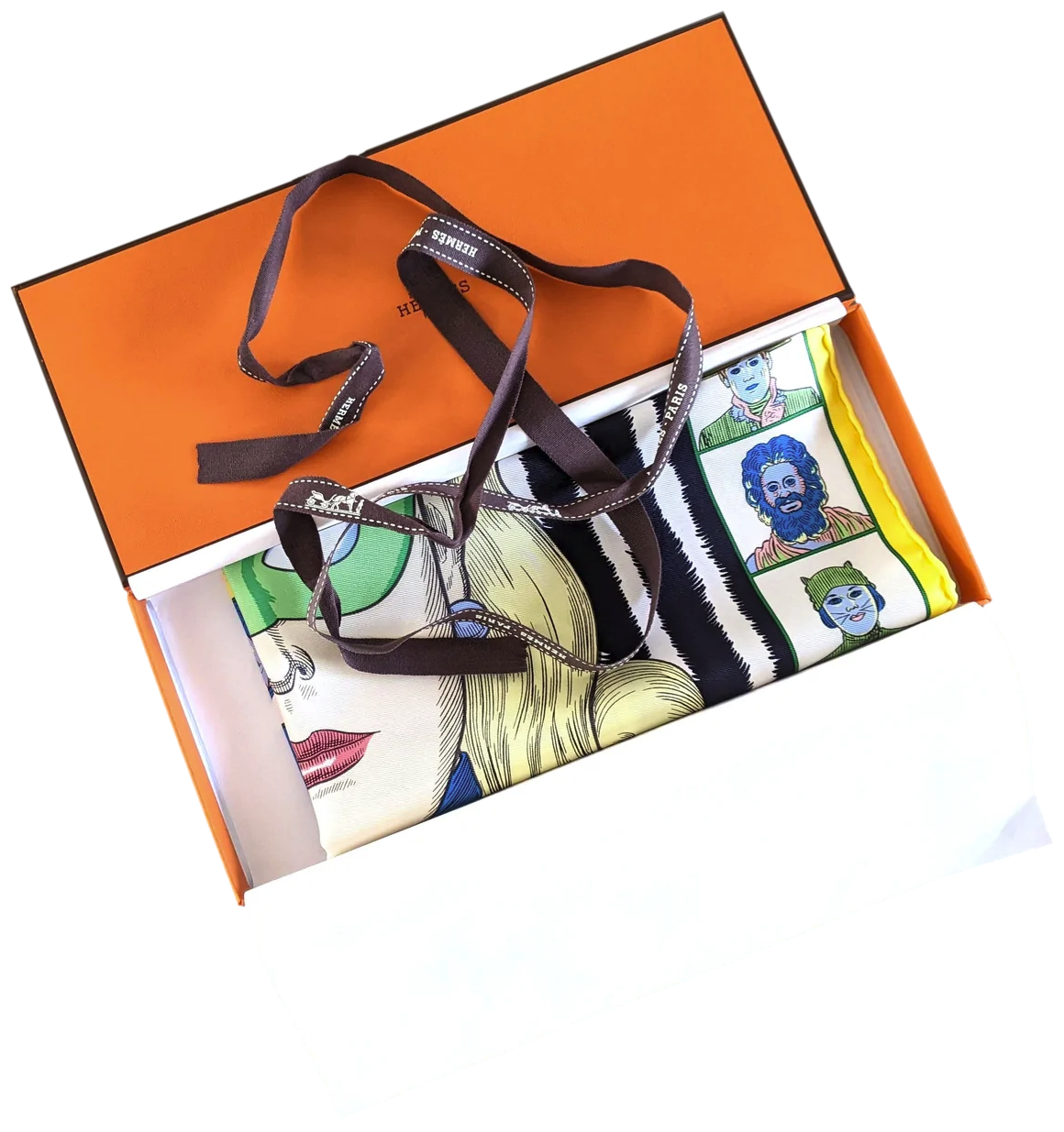 Hermes [G1] Jaune Vif/Vert/Noir "Dress Code" by Daniel Clowes Twill Gavroche Pocket Scarf 45 cm