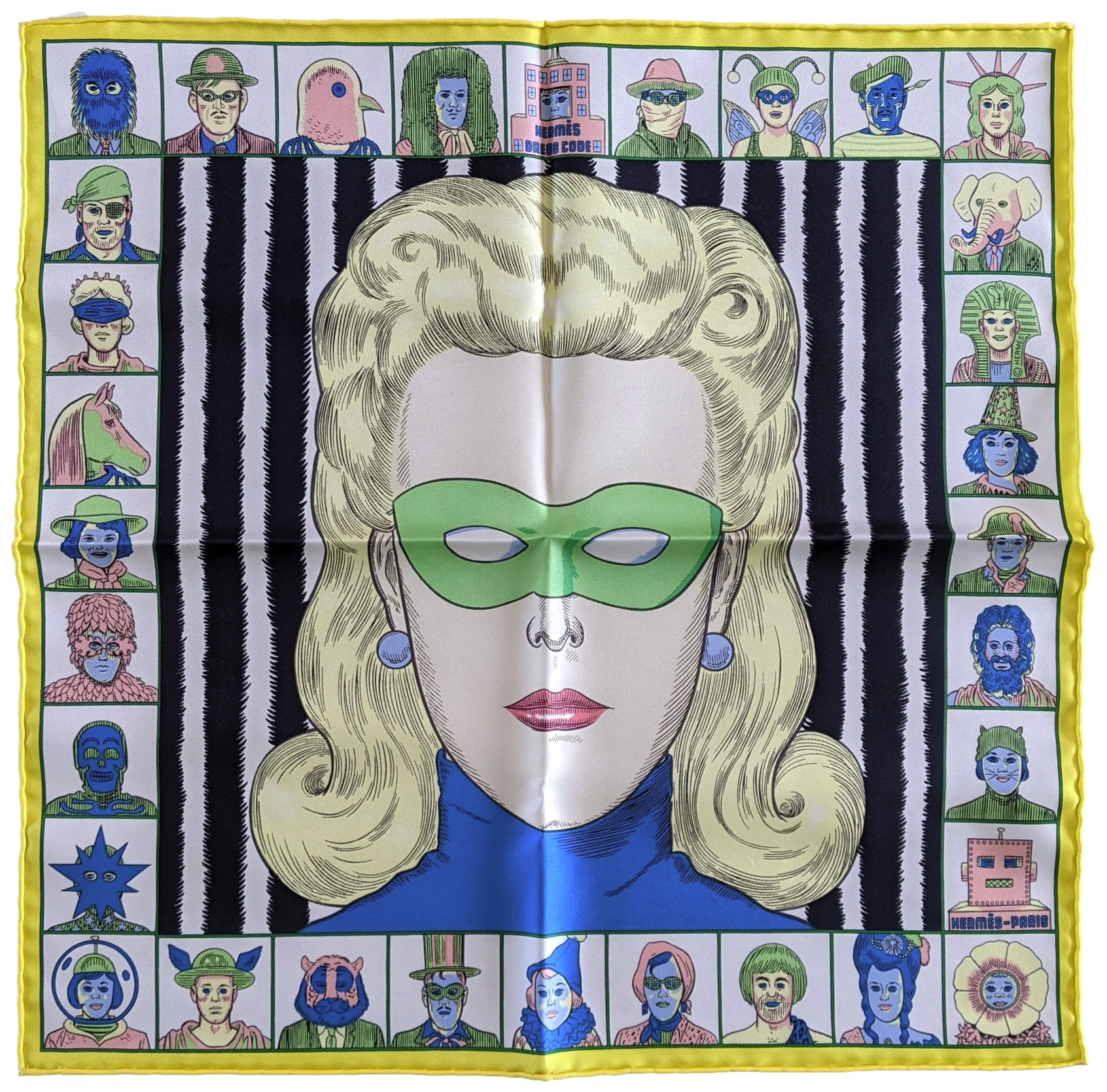 Hermes [G1] Jaune Vif/Vert/Noir "Dress Code" by Daniel Clowes Twill Gavroche Pocket Scarf 45 cm