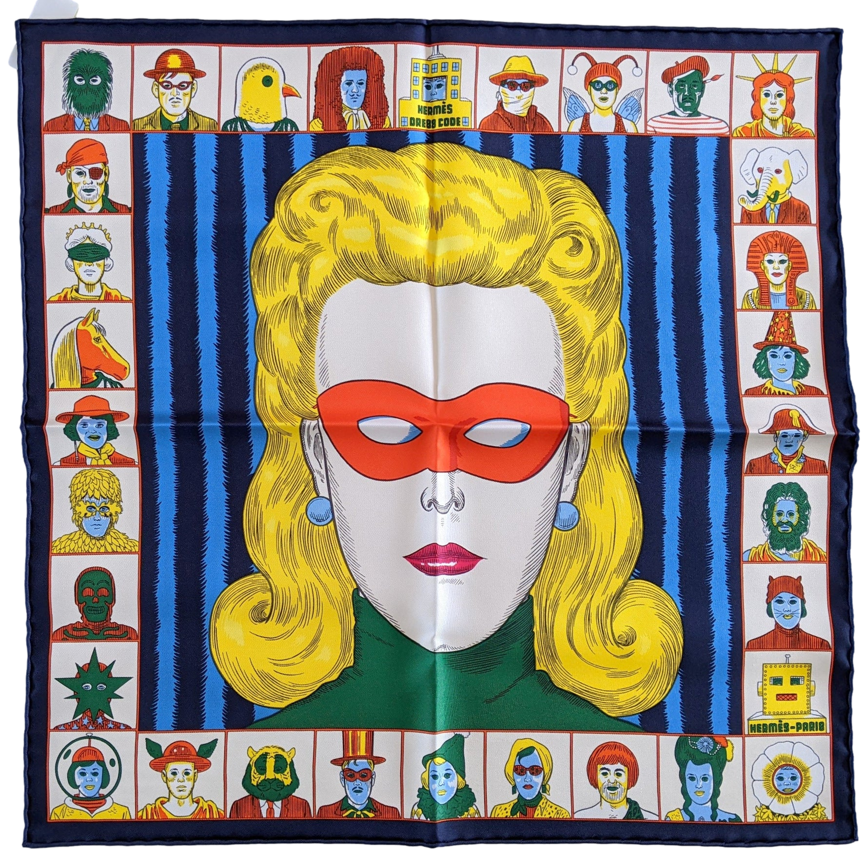 Hermes [G3] Marine/Jaune/Multi "Dress Code" by Daniel Clowes Twill Gavroche Pocket Scarf 45 cm