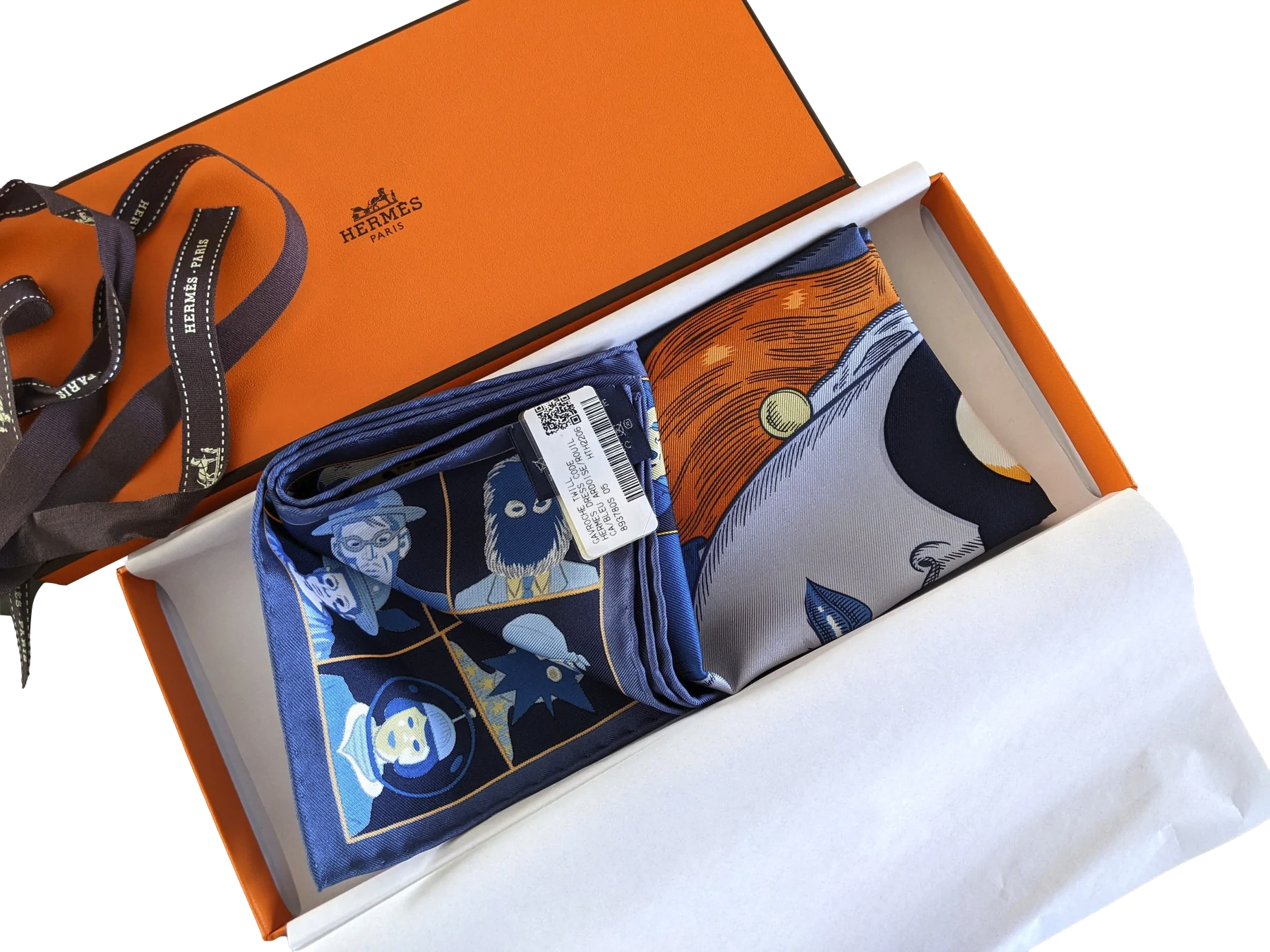 Hermes [G2] Bleu ardoise/Rouille/Ciel "Dress Code" by Daniel Clowes Twill Gavroche Pocket Scarf 45 cm