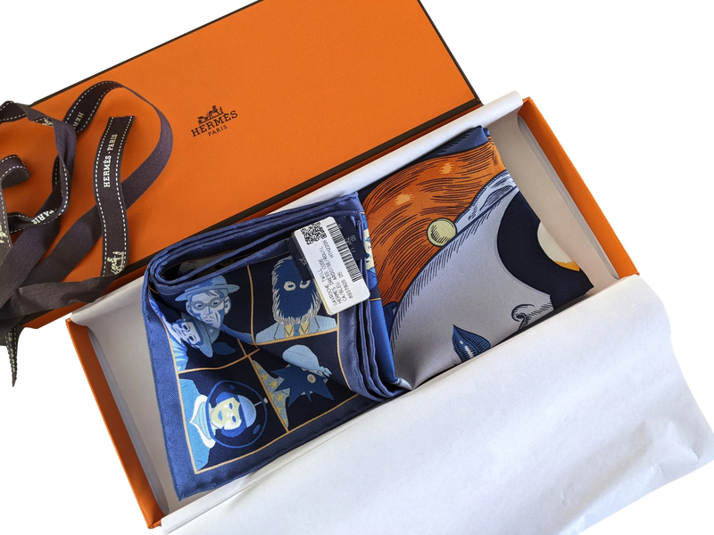 Hermes [G2] Bleu ardoise/Rouille/Ciel "Dress Code" by Daniel Clowes Twill Gavroche Pocket Scarf 45 cm