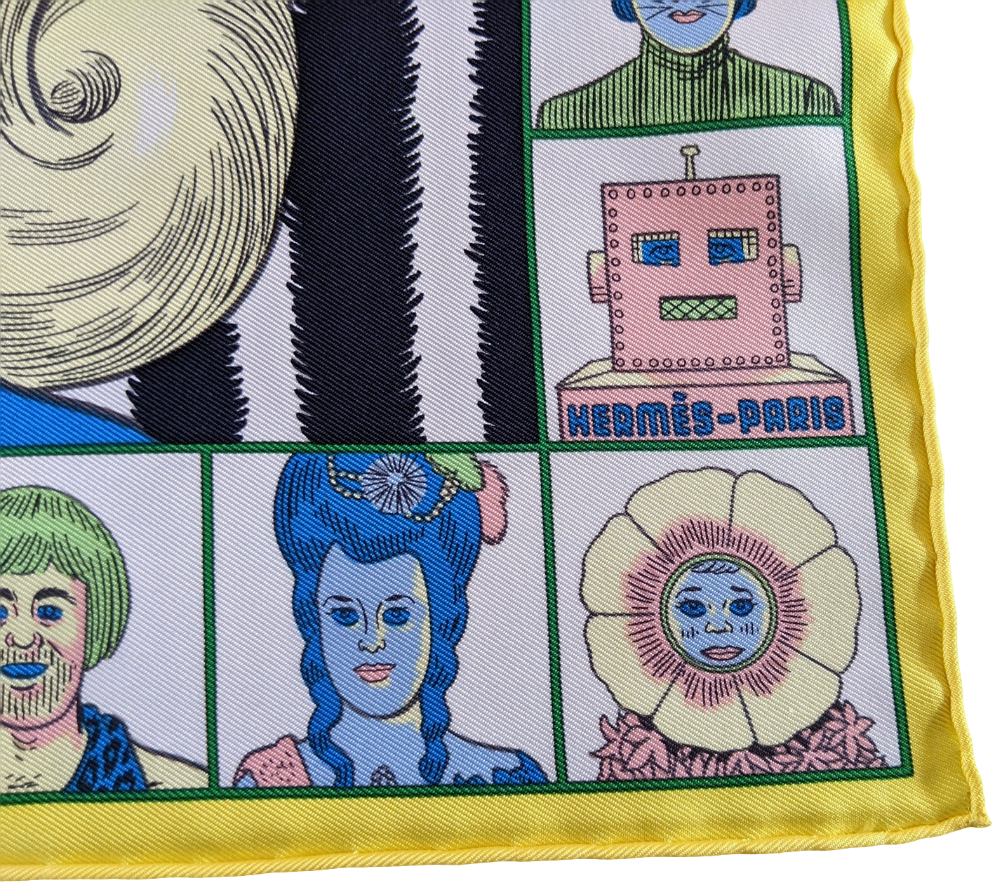 Hermes [G1] Jaune Vif/Vert/Noir "Dress Code" by Daniel Clowes Twill Gavroche Pocket Scarf 45 cm