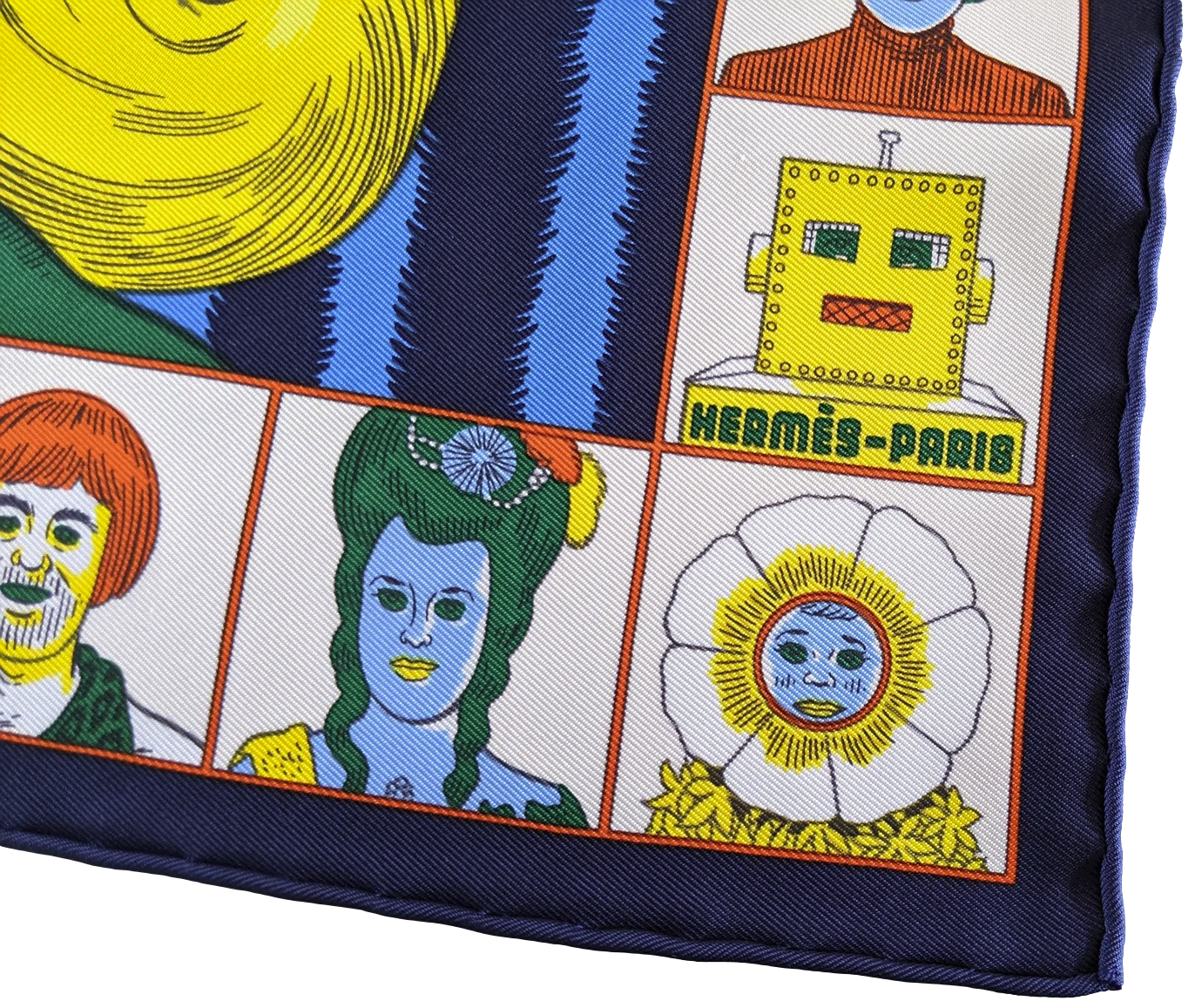 Hermes [G3] Marine/Jaune/Multi "Dress Code" by Daniel Clowes Twill Gavroche Pocket Scarf 45 cm