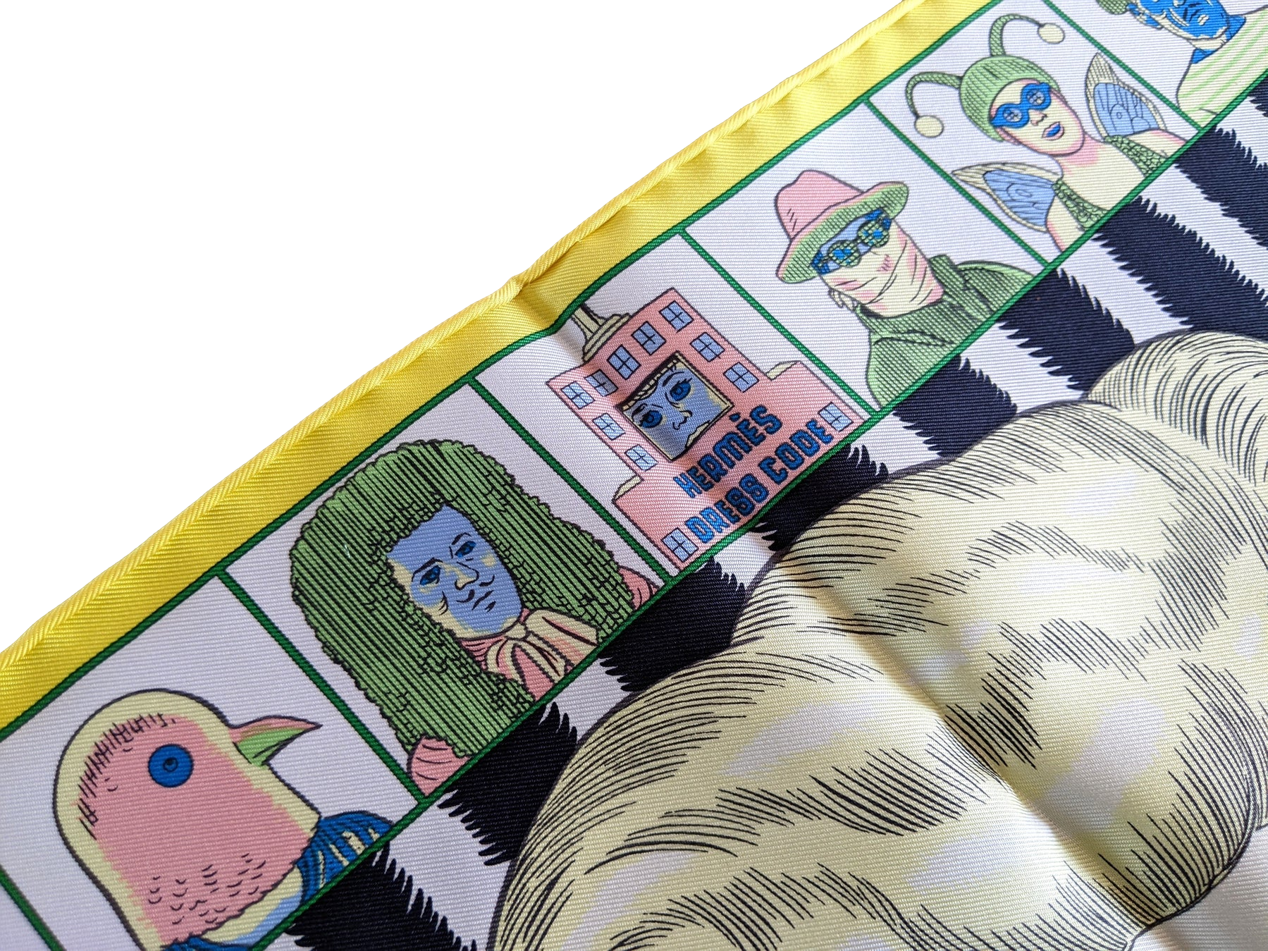 Hermes [G1] Jaune Vif/Vert/Noir "Dress Code" by Daniel Clowes Twill Gavroche Pocket Scarf 45 cm