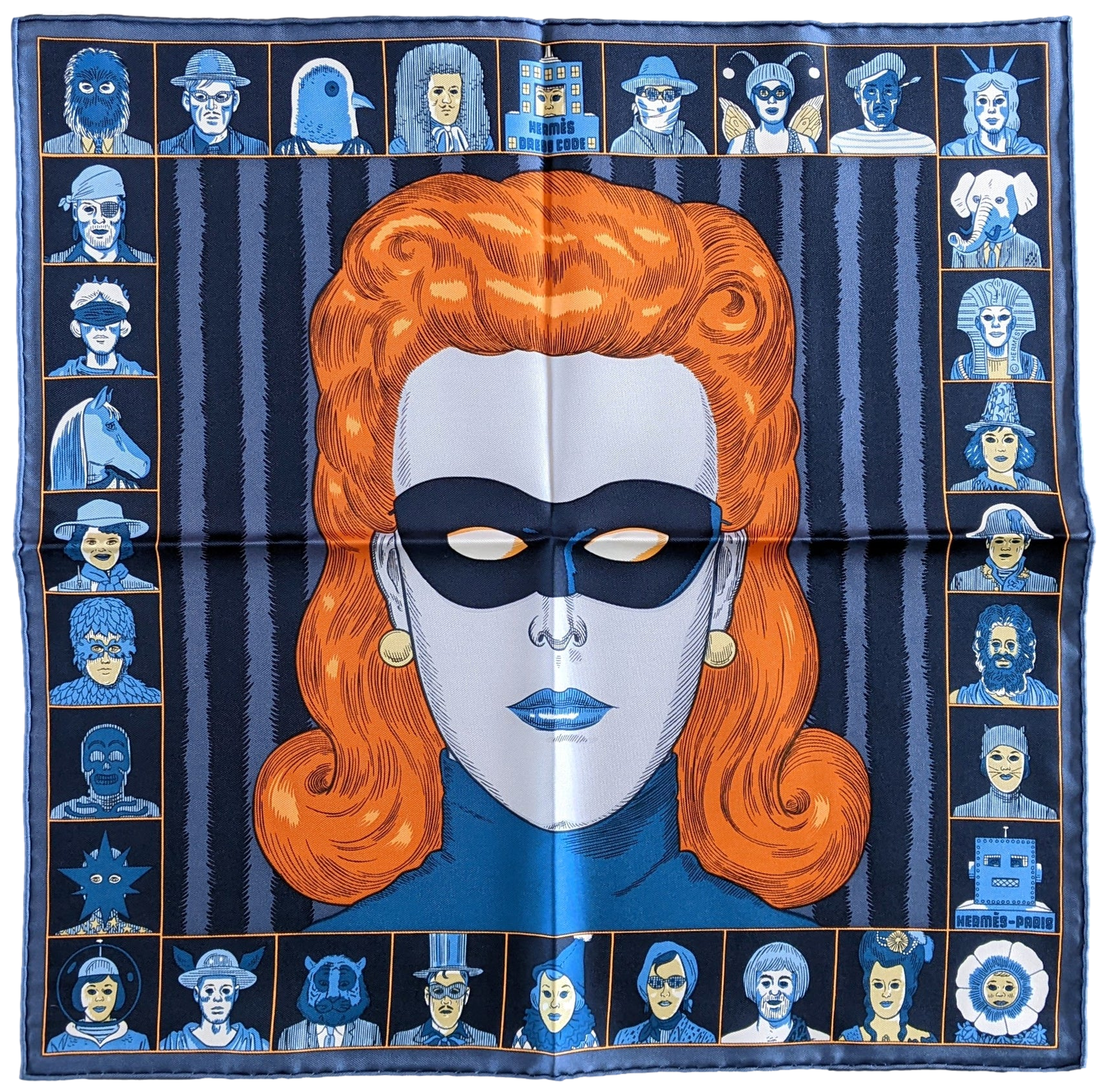 Hermes [G2] Bleu ardoise/Rouille/Ciel "Dress Code" by Daniel Clowes Twill Gavroche Pocket Scarf 45 cm