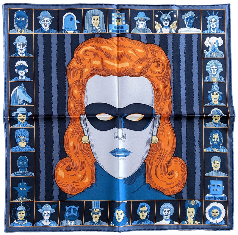 Hermes [G2] Bleu ardoise/Rouille/Ciel "Dress Code" by Daniel Clowes Twill Gavroche Pocket Scarf 45 cm