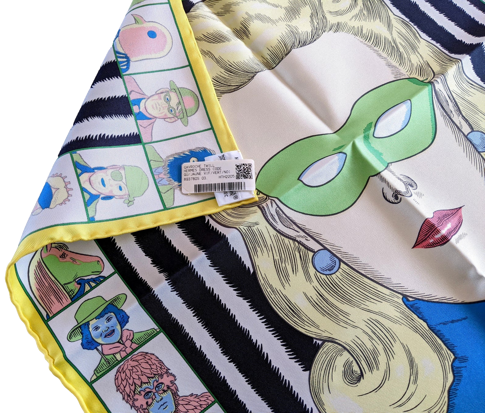 Hermes [G1] Jaune Vif/Vert/Noir "Dress Code" by Daniel Clowes Twill Gavroche Pocket Scarf 45 cm