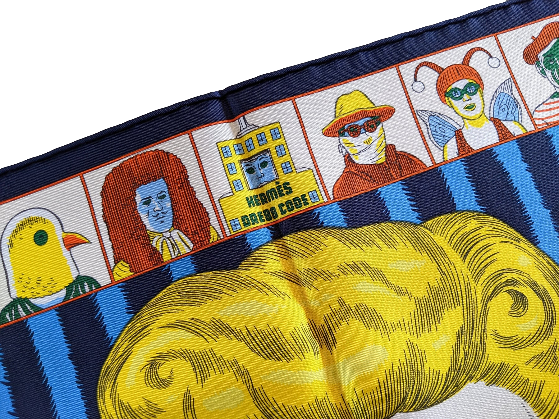 Hermes [G3] Marine/Jaune/Multi "Dress Code" by Daniel Clowes Twill Gavroche Pocket Scarf 45 cm