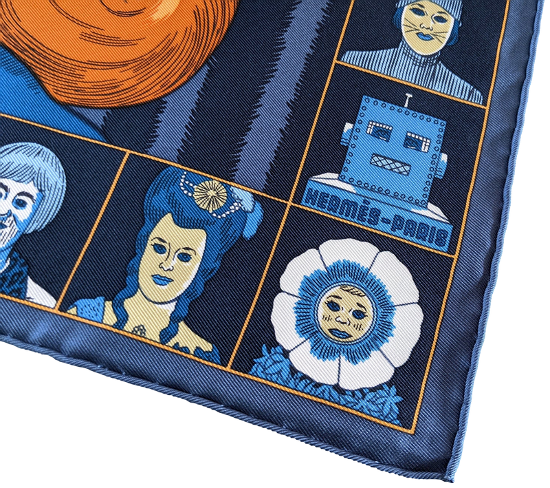 Hermes [G2] Bleu ardoise/Rouille/Ciel "Dress Code" by Daniel Clowes Twill Gavroche Pocket Scarf 45 cm