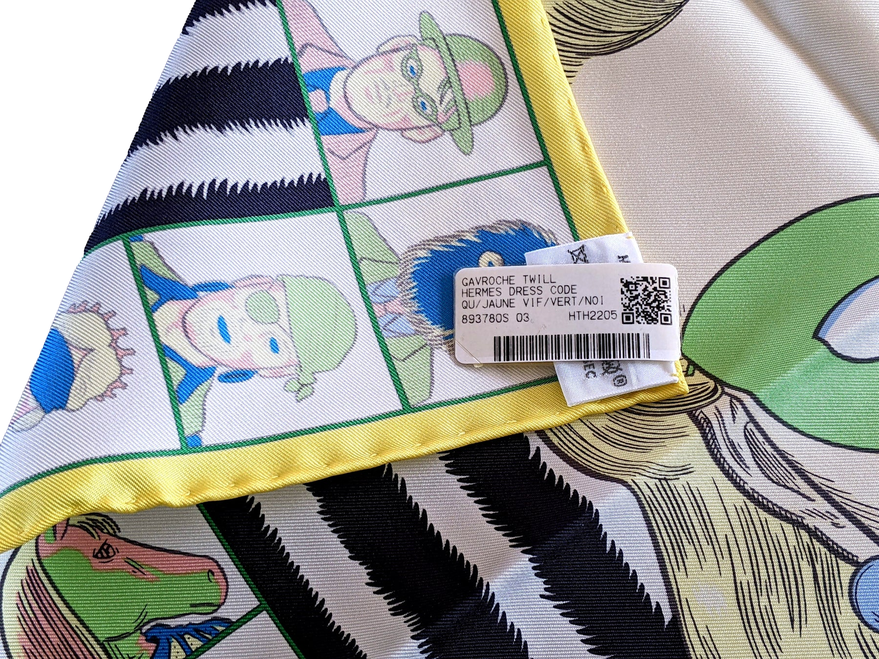 Hermes [G1] Jaune Vif/Vert/Noir "Dress Code" by Daniel Clowes Twill Gavroche Pocket Scarf 45 cm