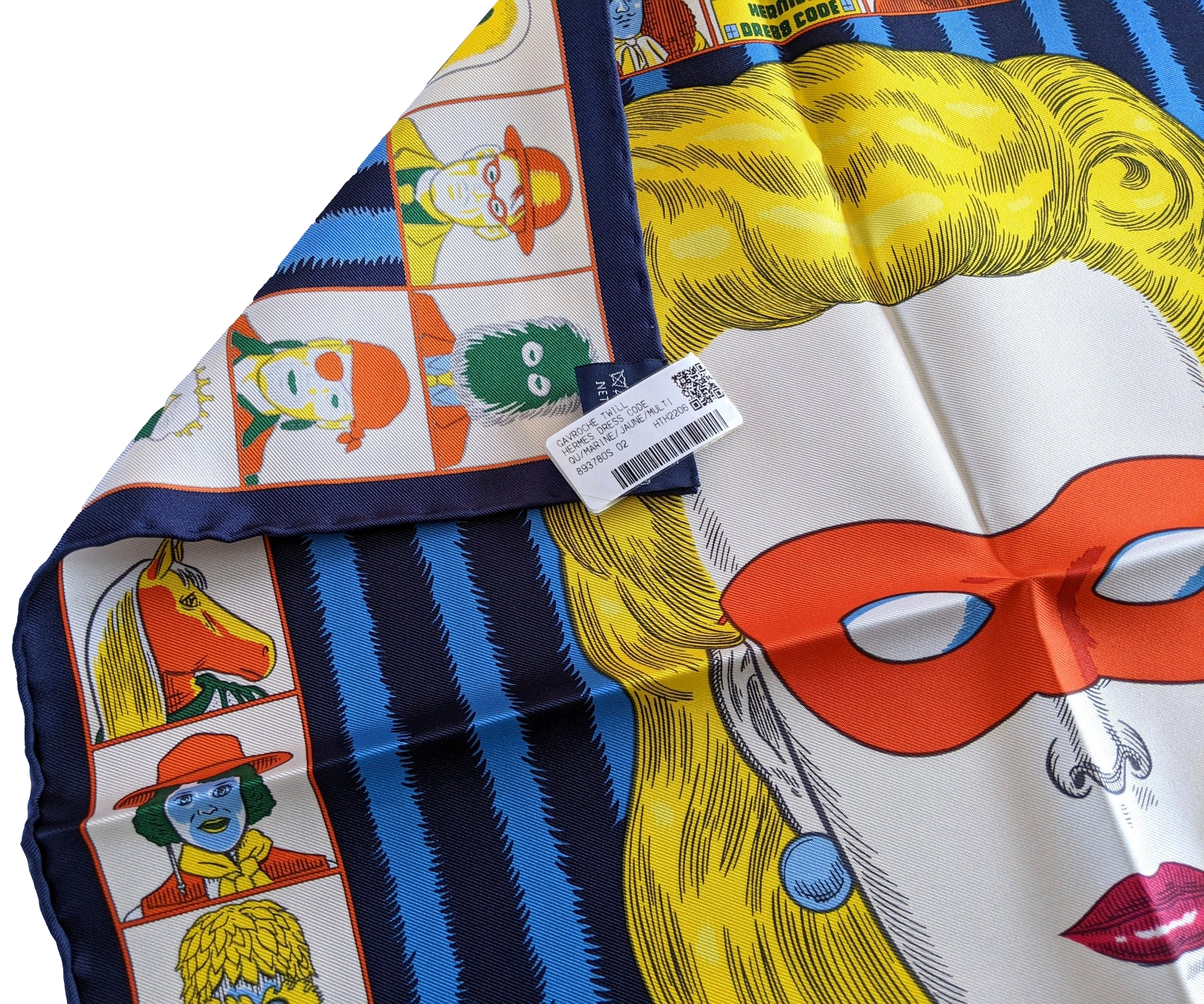 Hermes [G3] Marine/Jaune/Multi "Dress Code" by Daniel Clowes Twill Gavroche Pocket Scarf 45 cm