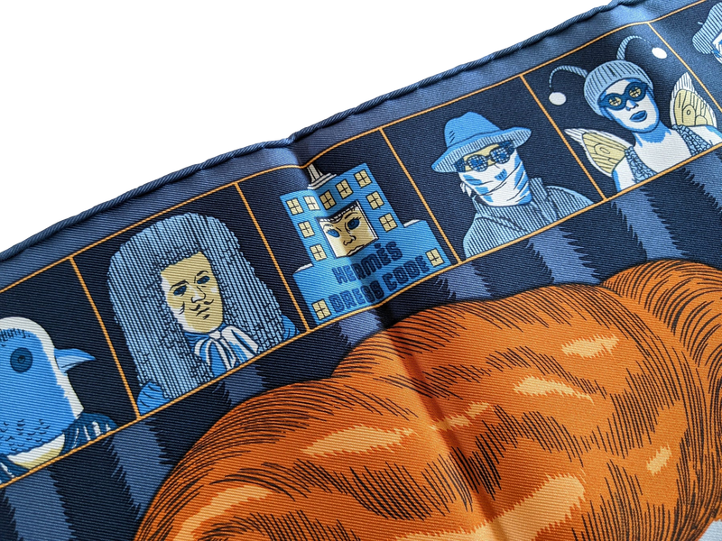 Hermes [G2] Bleu ardoise/Rouille/Ciel "Dress Code" by Daniel Clowes Twill Gavroche Pocket Scarf 45 cm