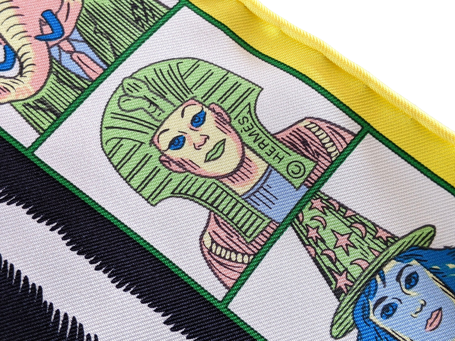 Hermes [G1] Jaune Vif/Vert/Noir "Dress Code" by Daniel Clowes Twill Gavroche Pocket Scarf 45 cm