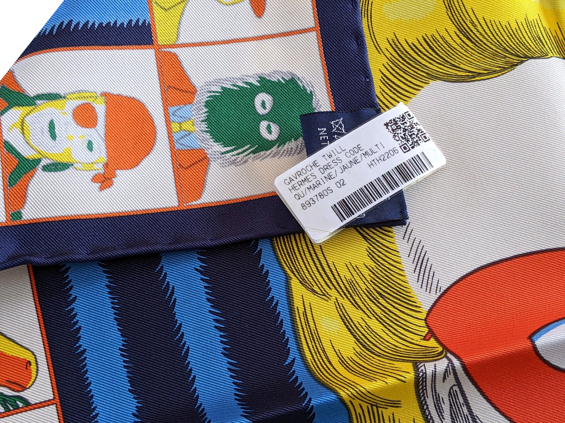 Hermes [G3] Marine/Jaune/Multi "Dress Code" by Daniel Clowes Twill Gavroche Pocket Scarf 45 cm