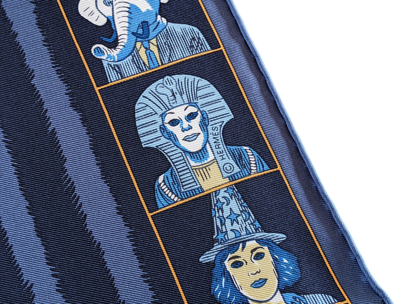 Hermes [G2] Bleu ardoise/Rouille/Ciel "Dress Code" by Daniel Clowes Twill Gavroche Pocket Scarf 45 cm