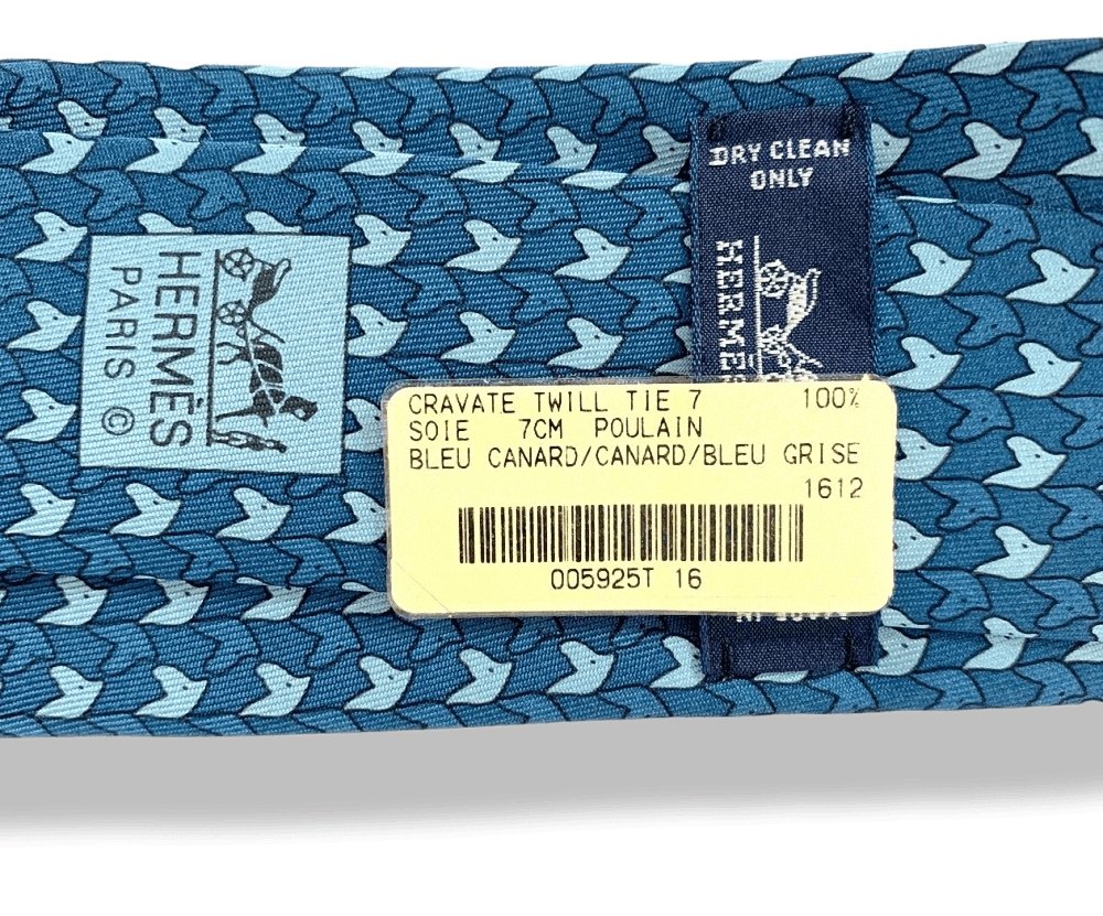 Hermes Duck Blue Duck Gray Blue Foals POULAINS Twill Silk Tie 7cm, NWT in Pochette! - poupishop