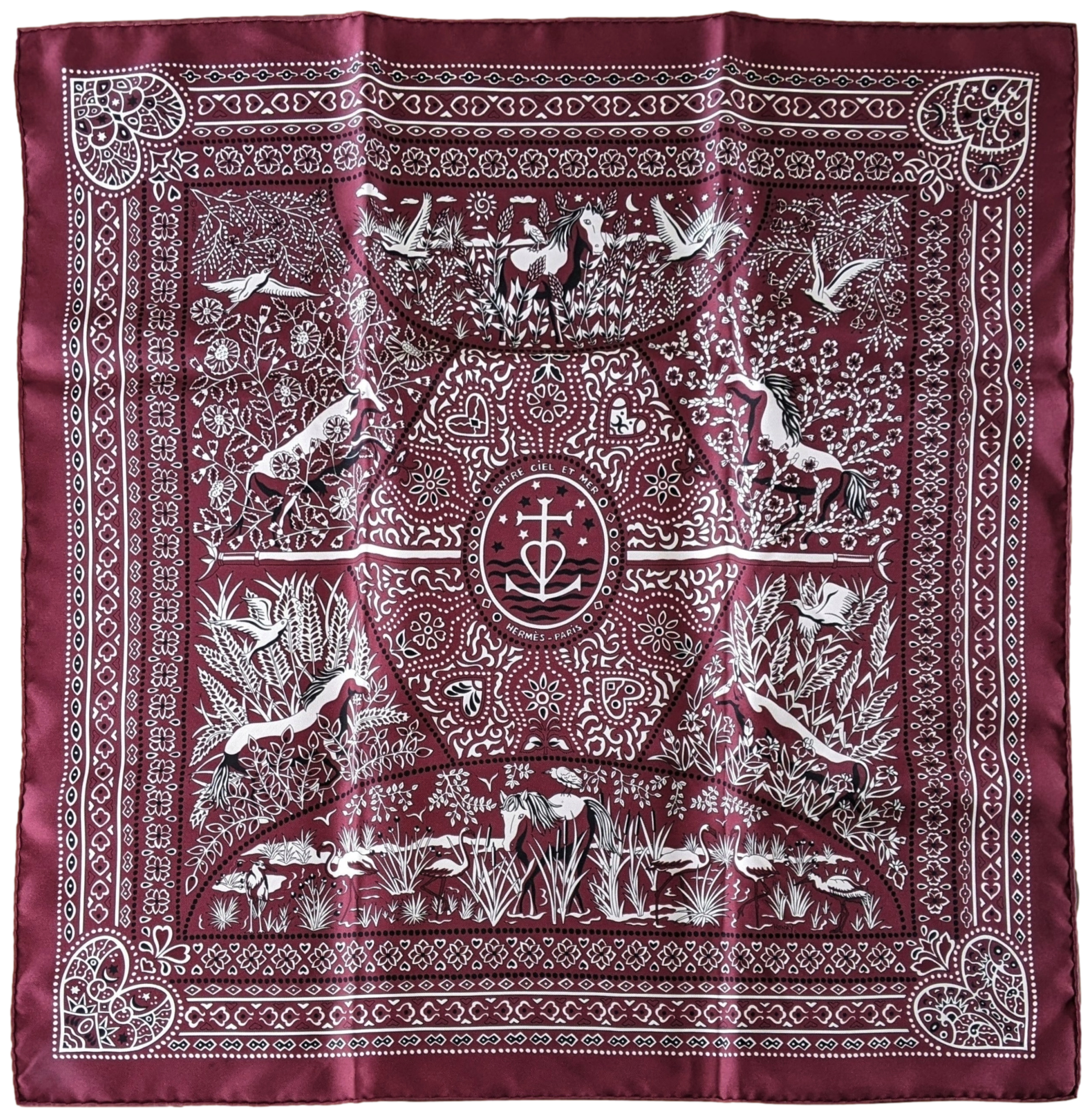 Hermes 2016 Bordeaux/Blanc/Noir "Entre Ciel et Mer" by Christine Henry Silk Bandana 55