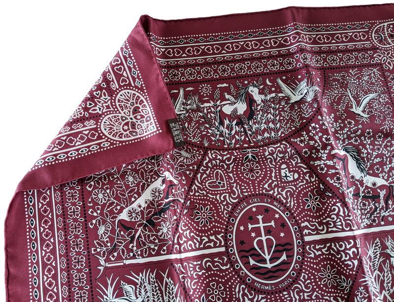 Hermes 2016 Bordeaux/Blanc/Noir "Entre Ciel et Mer" by Christine Henry Silk Bandana 55