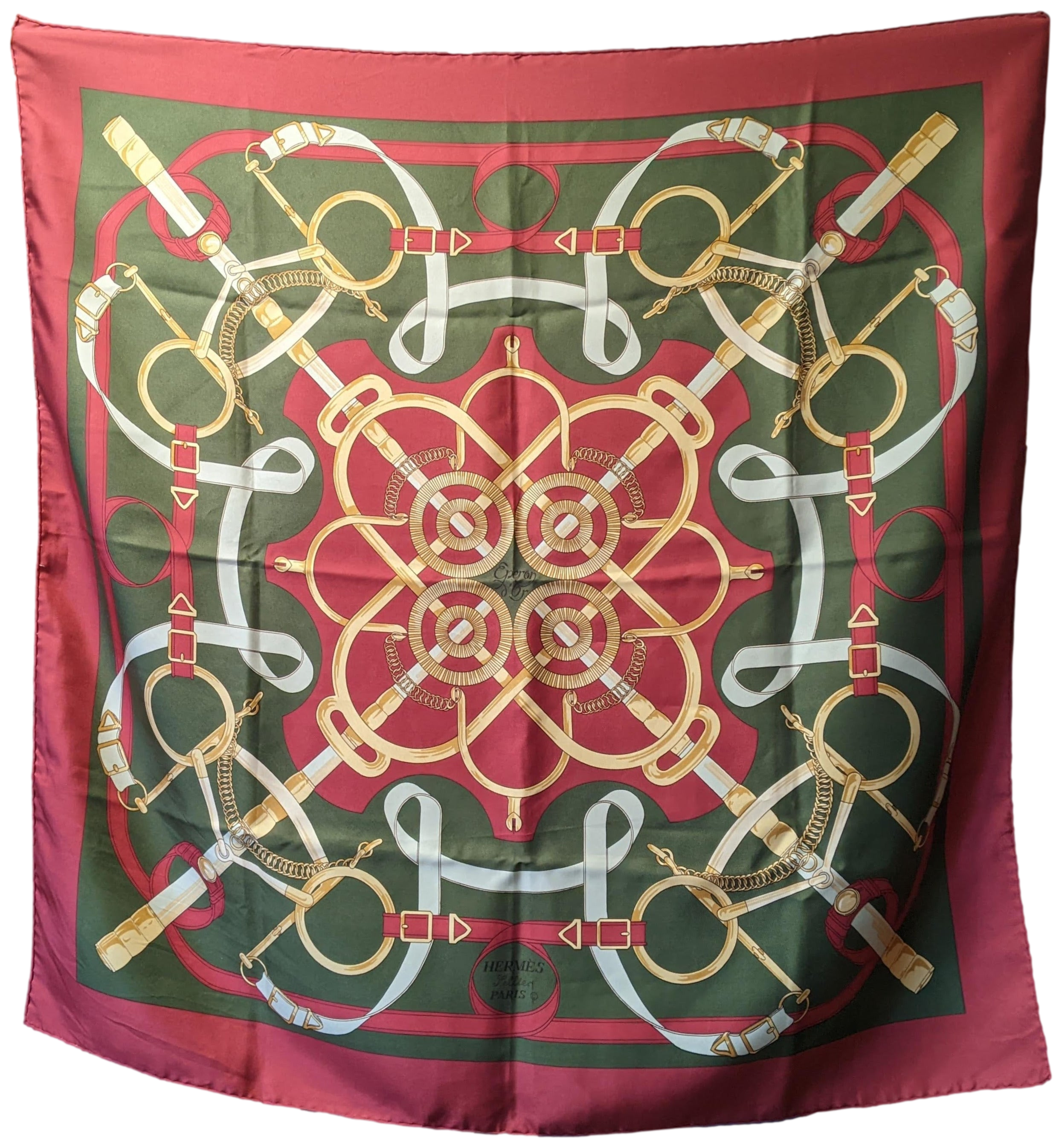 Hermes Rouge/Vert Chasse "Eperon d'Or" Twill Silk Scarf 90 x 90 cm