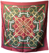 Hermes Rouge/Vert Chasse "Eperon d'Or" Twill Silk Scarf 90 x 90 cm