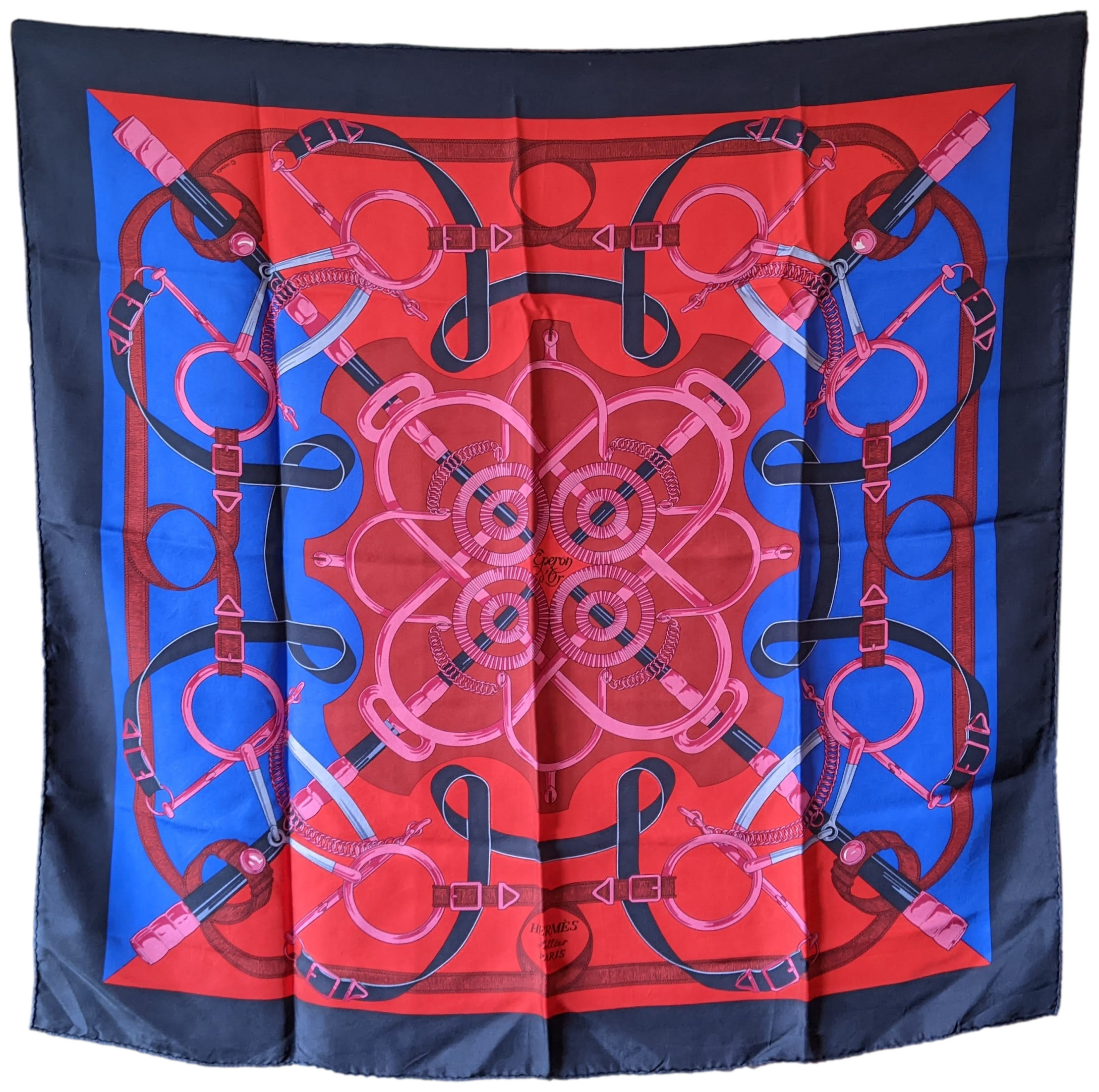 Hermes 1974 Vintage Blue/Red "Eperon d'Or" Twill Silk Scarf 90 x 90 cm