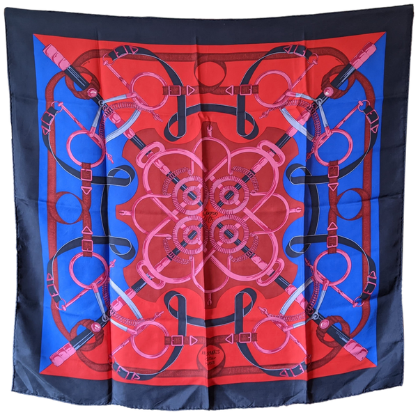 Hermes 1974 Vintage Blue/Red "Eperon d'Or" Twill Silk Scarf 90 x 90 cm