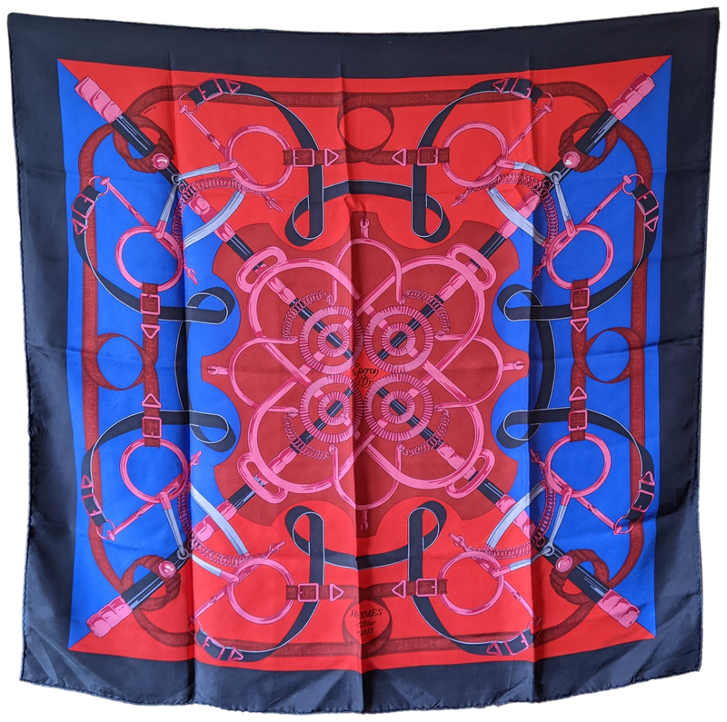 Hermes 1974 Vintage Blue/Red "Eperon d'Or" Twill Silk Scarf 90 x 90 cm