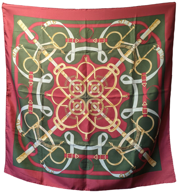 Hermes Rouge/Vert Chasse "Eperon d'Or" Twill Silk Scarf 90 x 90 cm