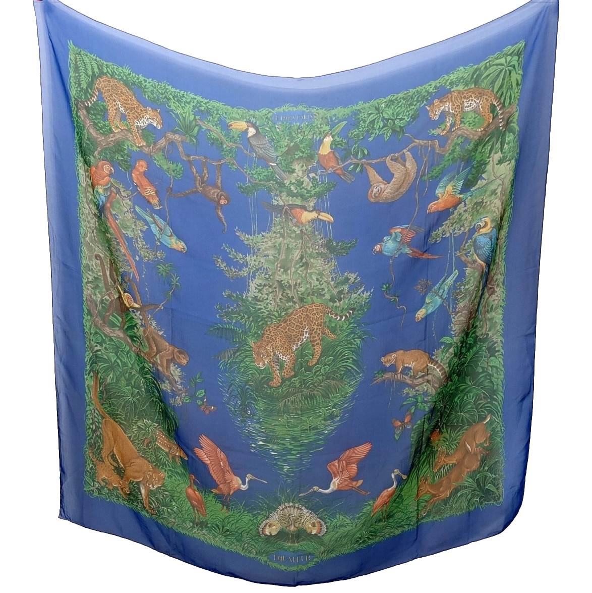Hermes Bleu/Vert Equateur by Robert Dallet Blanc Matt Overprint Mousseline Shawl 140 cm