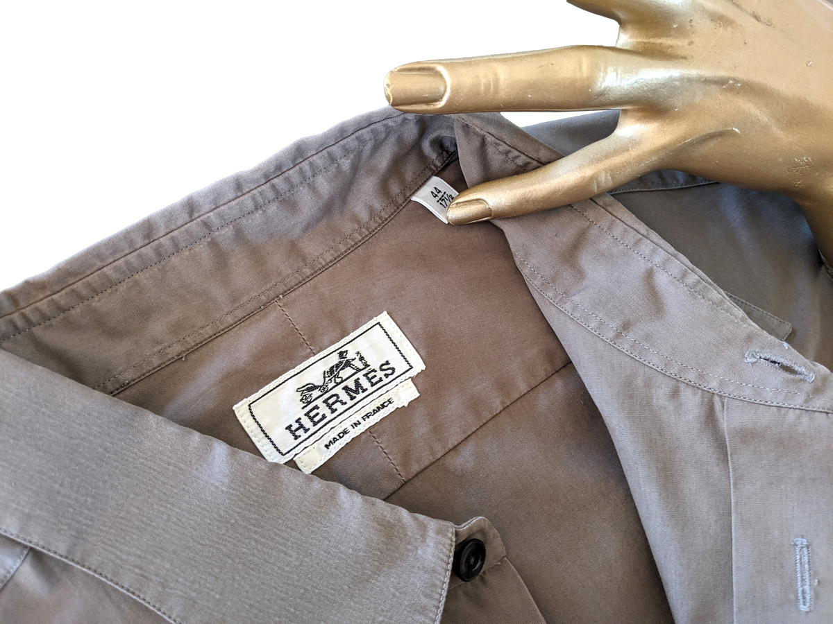 Hermes Men's Etoupe Cotton Long Sleeves Shirt with Removabe Lambskin Tabs