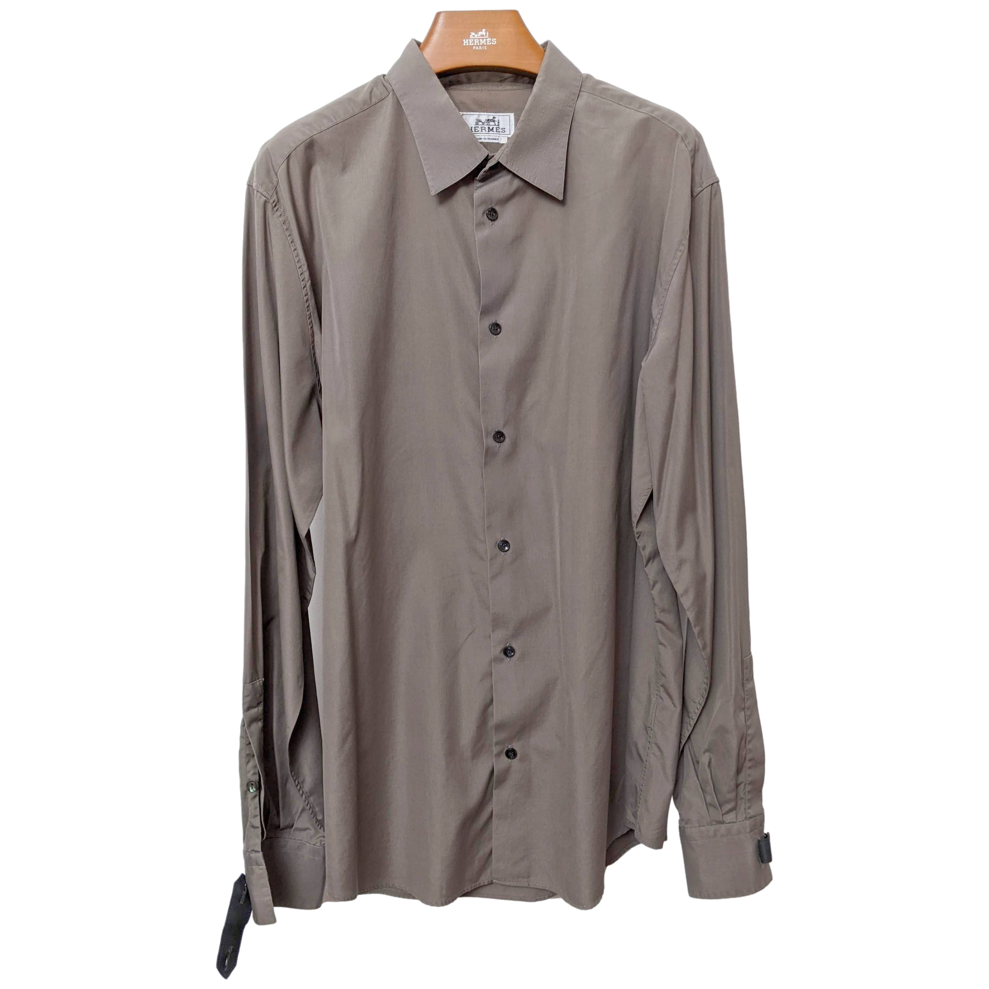 Hermes Men's Etoupe Cotton Long Sleeves Shirt with Removabe Lambskin Tabs