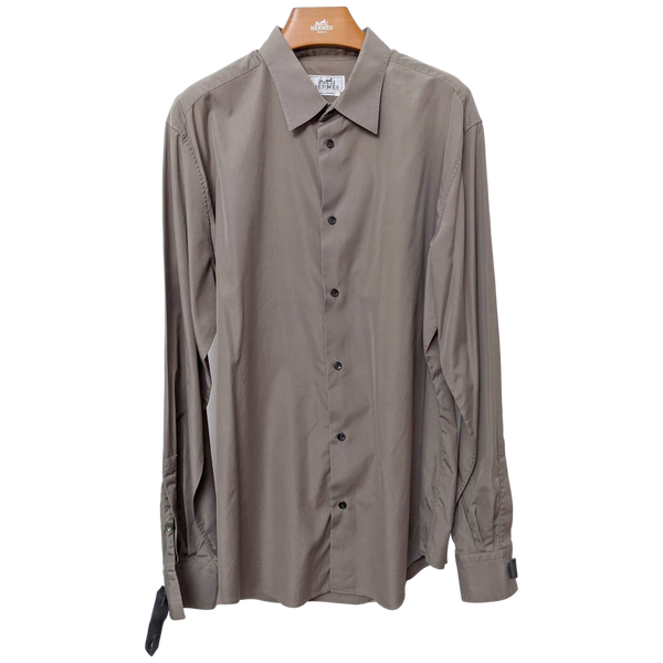 Hermes Men's Etoupe Cotton Long Sleeves Shirt with Removabe Lambskin Tabs